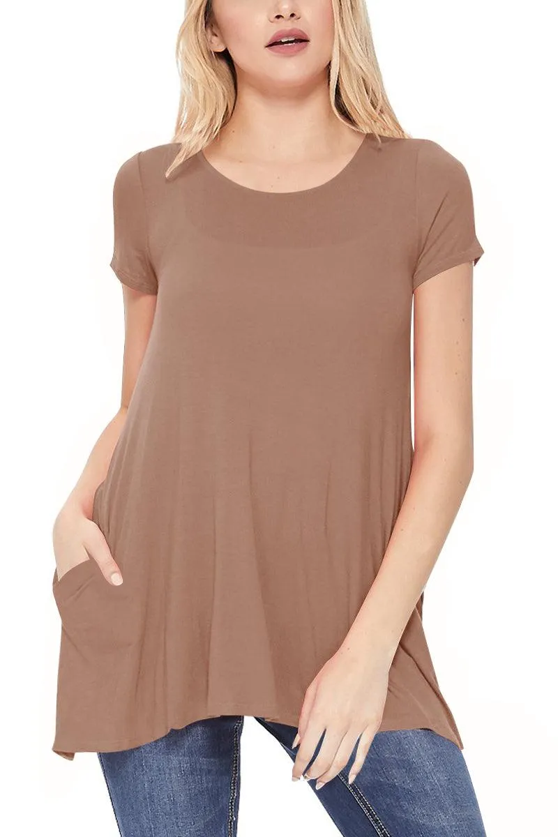 Women's Casual Short Sleeve Relaxed Fit Round Neck Side Pockets Tunic Top