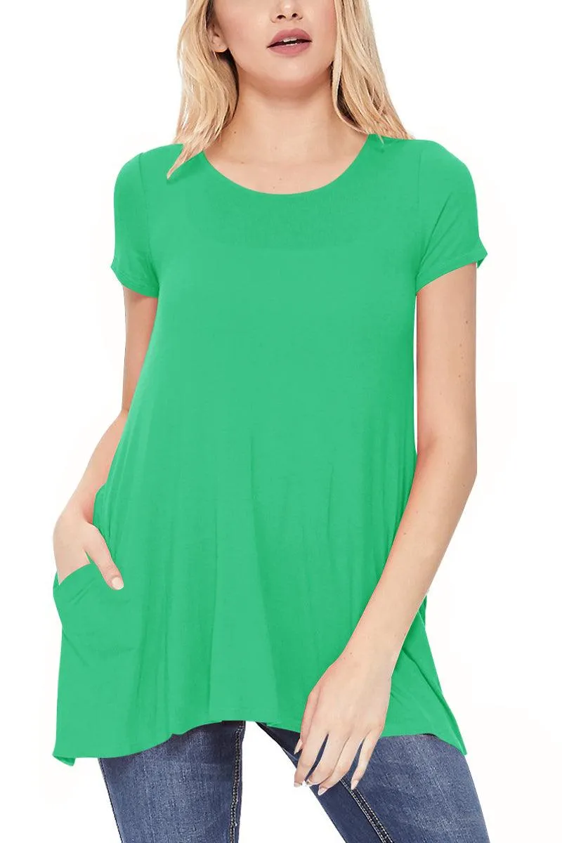 Women's Casual Short Sleeve Relaxed Fit Round Neck Side Pockets Tunic Top