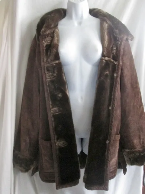 Womens DENNIS BASSO Suede Leather Faux SHEARLING Fur jacket coat BROWN 1X