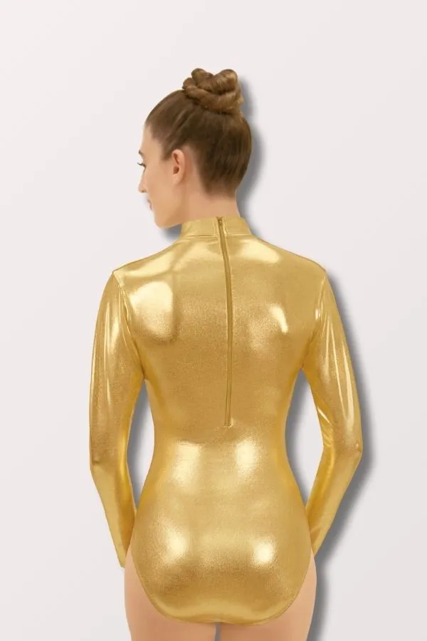 Women's Metallic Mock Neck Long Sleeve Leotard with Zipper Back - Gold