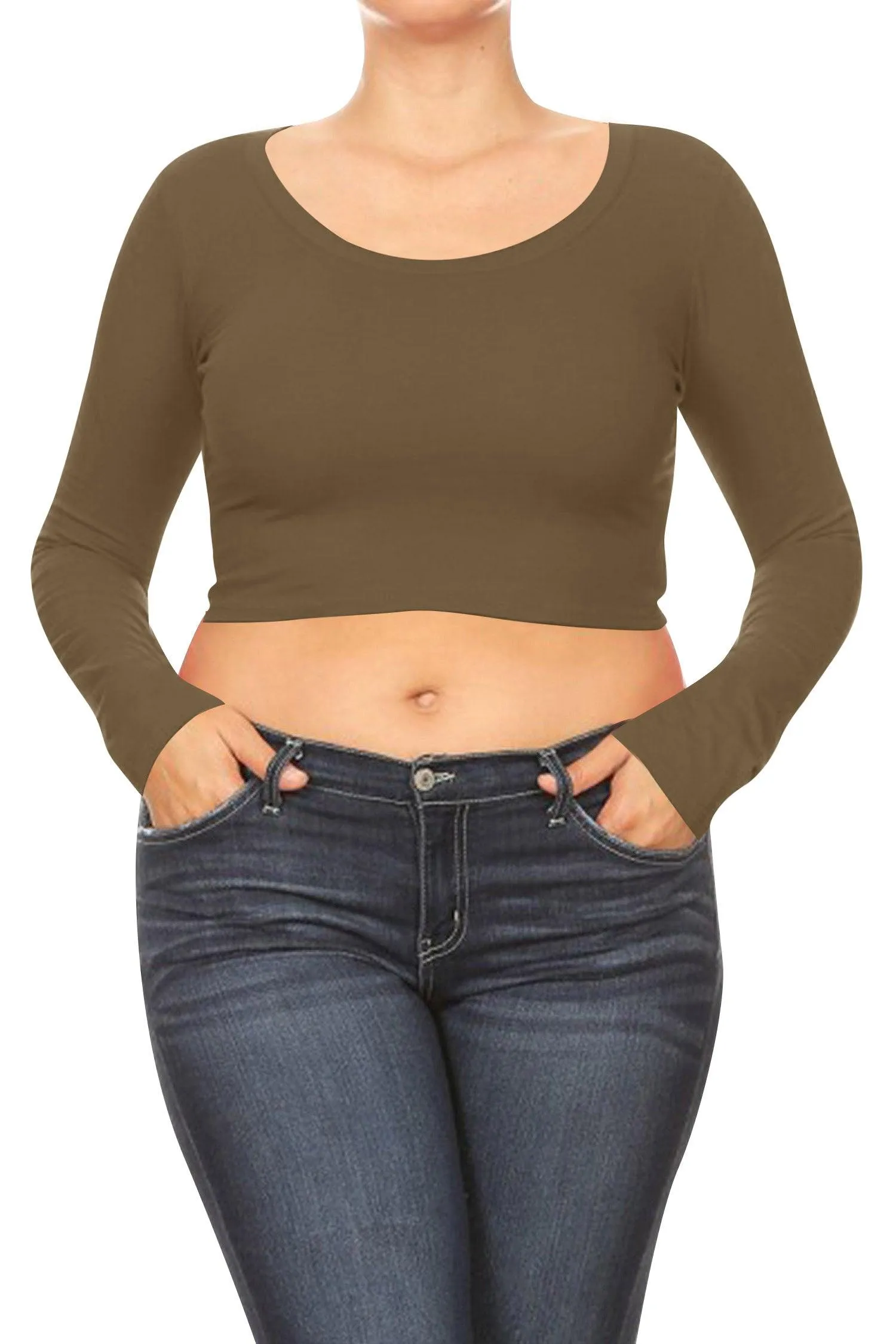 Women's Plus Size Casual Basic Long Sleeves Cotton Stretch Solid Active Crop Top T-Shirt