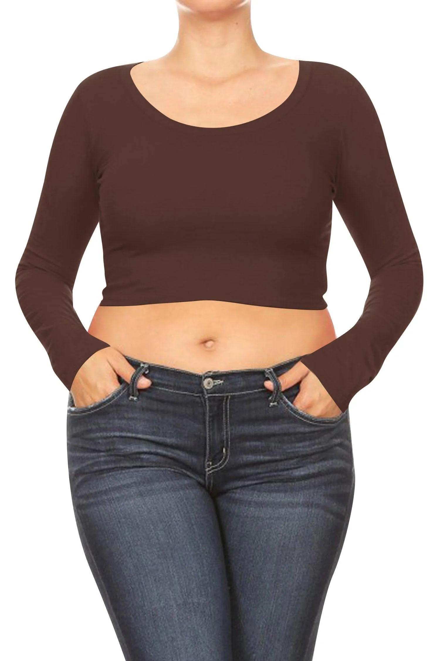 Women's Plus Size Casual Basic Long Sleeves Cotton Stretch Solid Active Crop Top T-Shirt