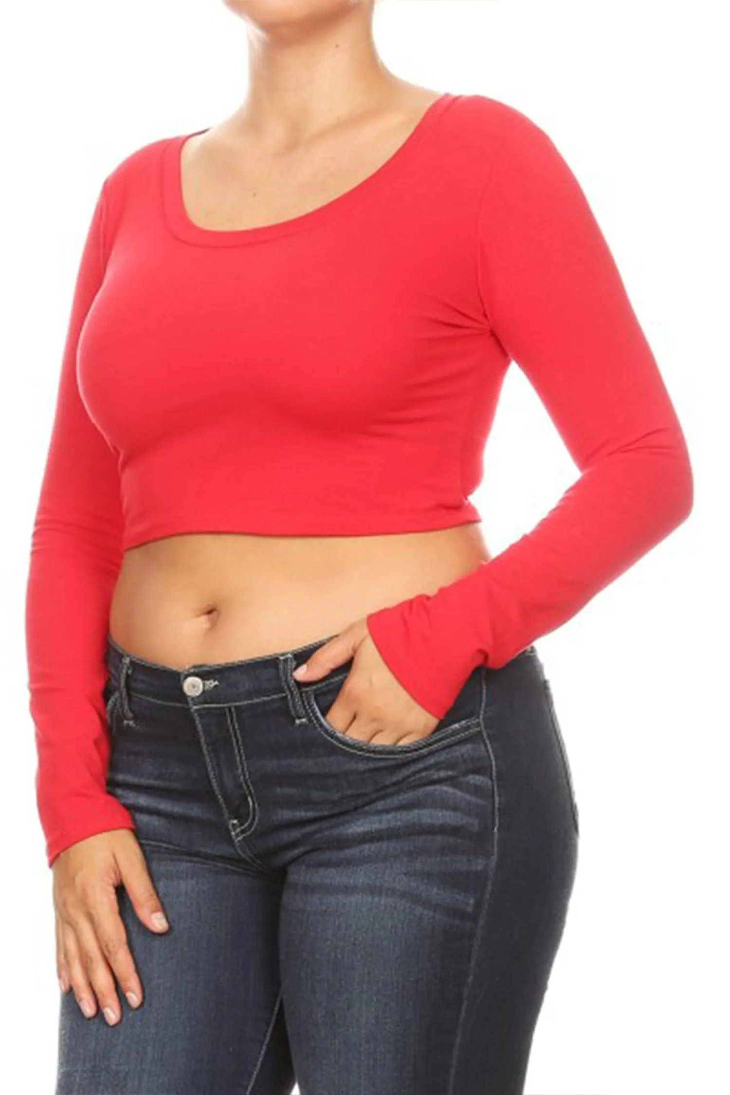 Women's Plus Size Casual Basic Long Sleeves Cotton Stretch Solid Active Crop Top T-Shirt