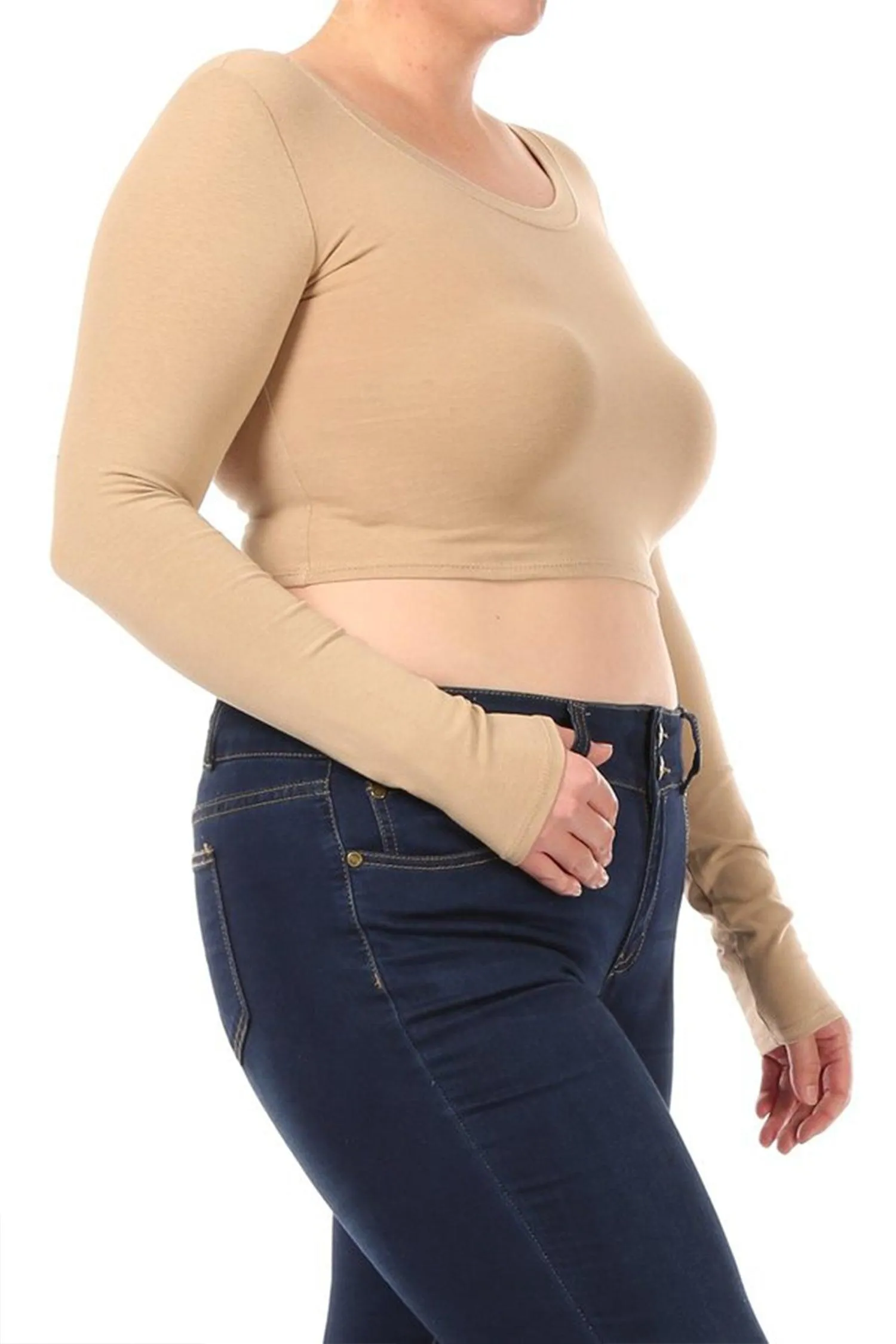 Women's Plus Size Casual Basic Long Sleeves Cotton Stretch Solid Active Crop Top T-Shirt