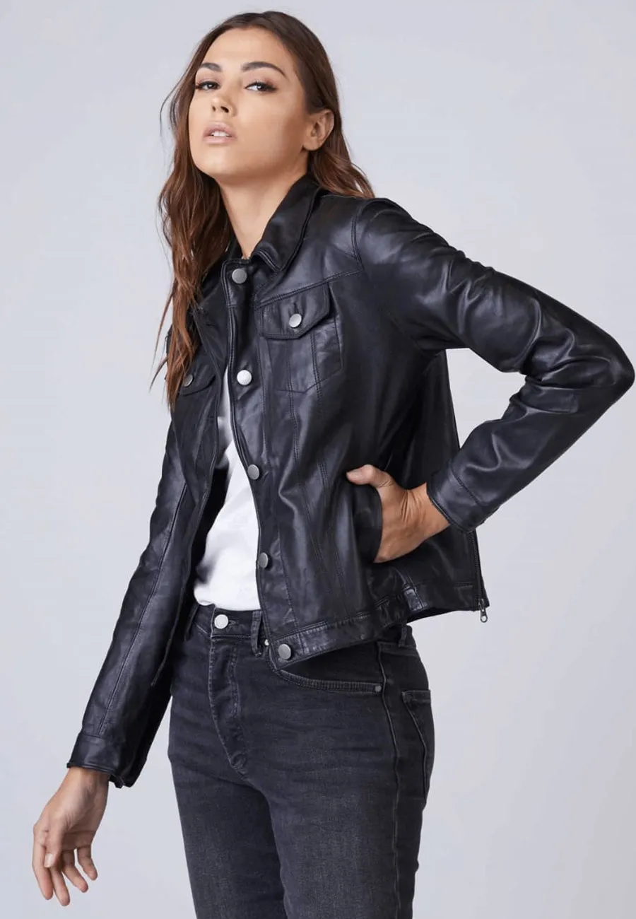 Women’s Premium Black Sheepskin Leather Trucker Jacket