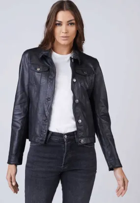 Women’s Premium Black Sheepskin Leather Trucker Jacket