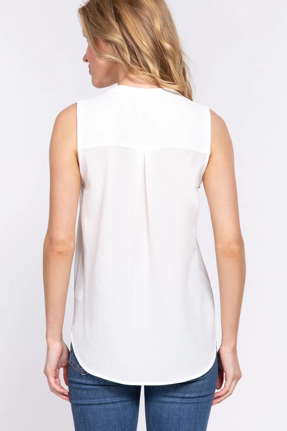 Women's Sleeveless Henley Neck Woven Top