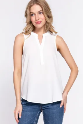 Women's Sleeveless Henley Neck Woven Top