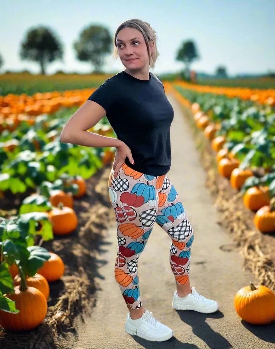 Womens Thanksgiving Pumpkin Leggings, Plaid Pumpkin Leggings, Soft Yoga Pants, Sizes OS/TC/TC2, Yoga Waist, Exclusive Leggings