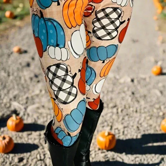 Womens Thanksgiving Pumpkin Leggings, Plaid Pumpkin Leggings, Soft Yoga Pants, Sizes OS/TC/TC2, Yoga Waist, Exclusive Leggings