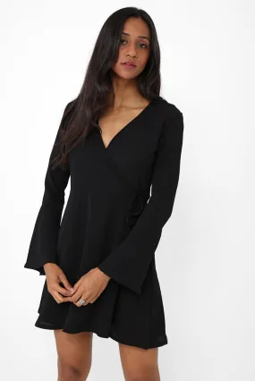 Wrap Midi Dress with Fluted Sleeve in Black Ex Brand