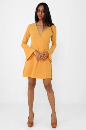 Wrap Midi Dress with Fluted Sleeve in Mustard Ex Brand