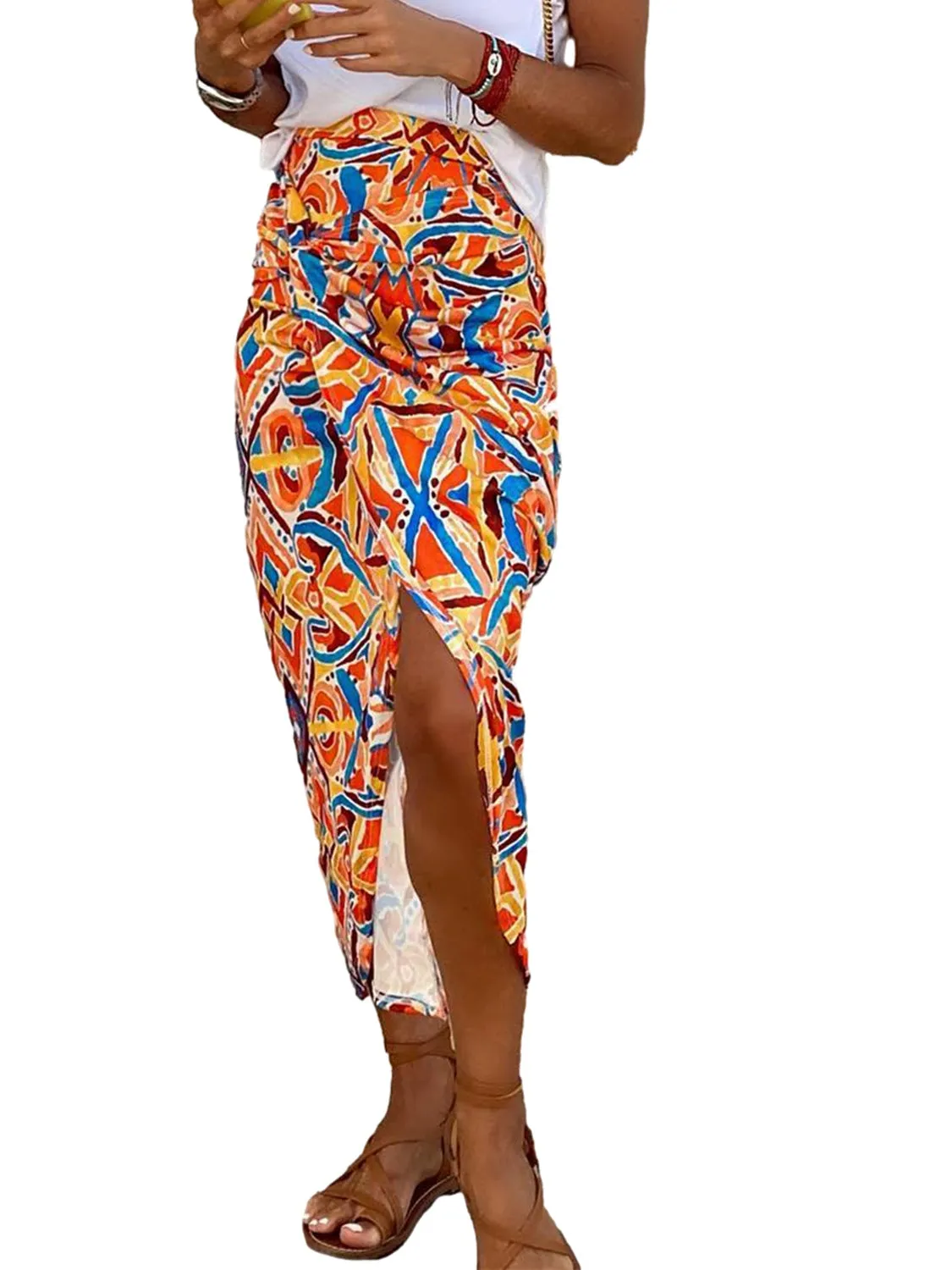 Yellow Geometric Abstract Print Slit High Waist Maxi Skirt