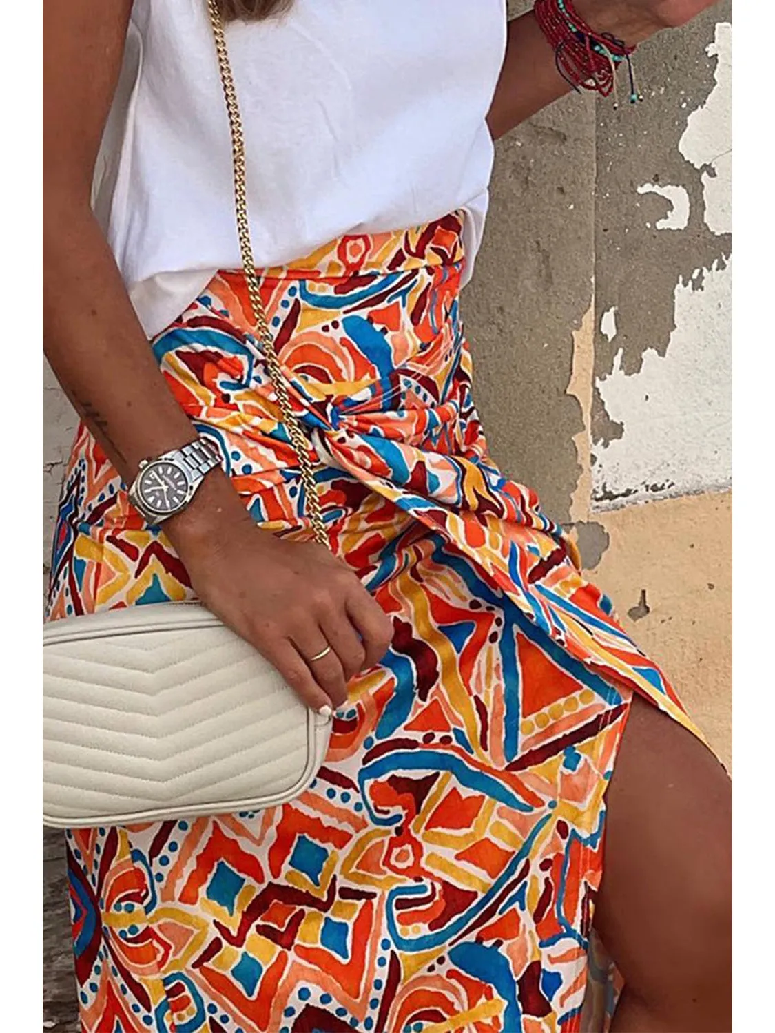 Yellow Geometric Abstract Print Slit High Waist Maxi Skirt