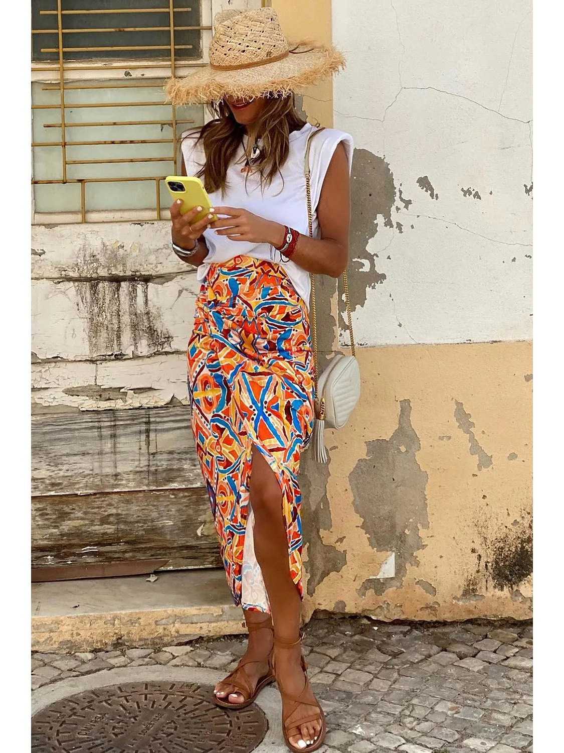 Yellow Geometric Abstract Print Slit High Waist Maxi Skirt