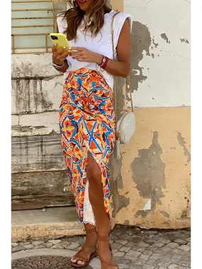 Yellow Geometric Abstract Print Slit High Waist Maxi Skirt