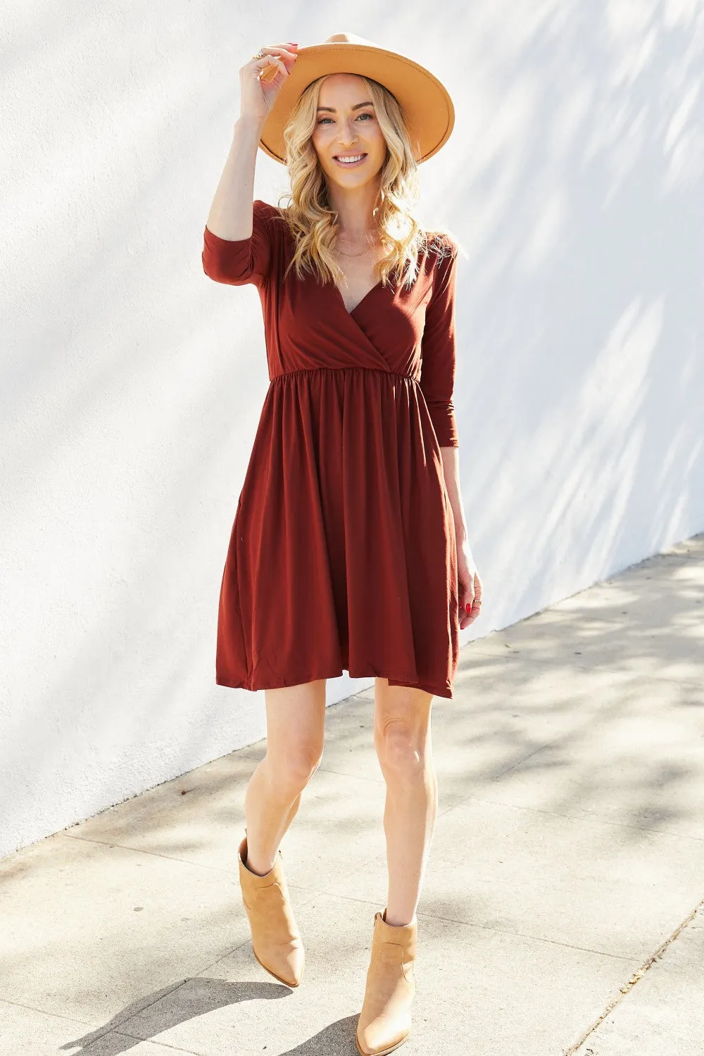 Zenana Three-Quarter Sleeve Surplice Dress with Pockets